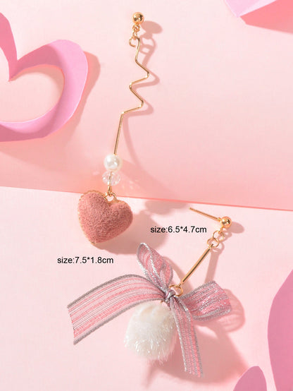 Valentine's Day Gift Bow Tie Pink Heart White Pom Pom Ball Asymmetrical Earrings-3