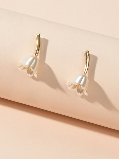 Perfect Engagement Jewellery Metal Pearl Flower Tulip Stud Earrings Accessories-3