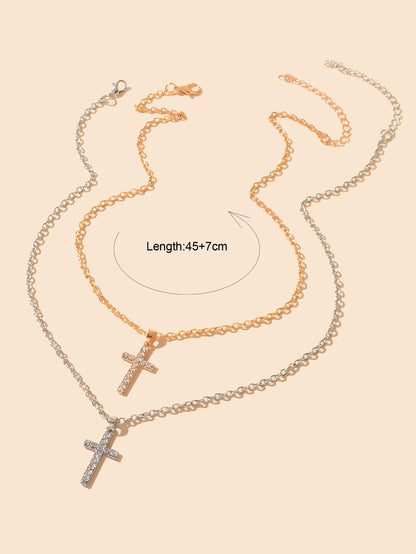 2 pcs Gold Silver Chain Rhinestone Cross Matching Necklace Lovers Couples Gift-3