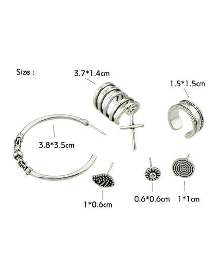 6 pcs Tribal Ethnic Antique Circle Cross Oxidized Intricate Hoop Stud Ear Cuff-3