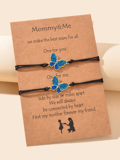 2 pcs Adjustable Black Rope Blue Butterfly Pendant Bracelet Mother's Day Gift-3