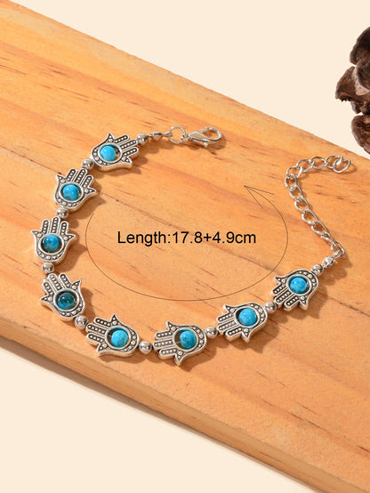 Ethnic Jewellery Vintage Handmade Blue Red Beaded Antique Silver Hand Bracelet-3