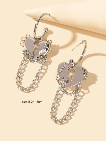 Punk Statement Silver Layered Chain Heart Charm Designer Jewellery Hoop Earrings-3
