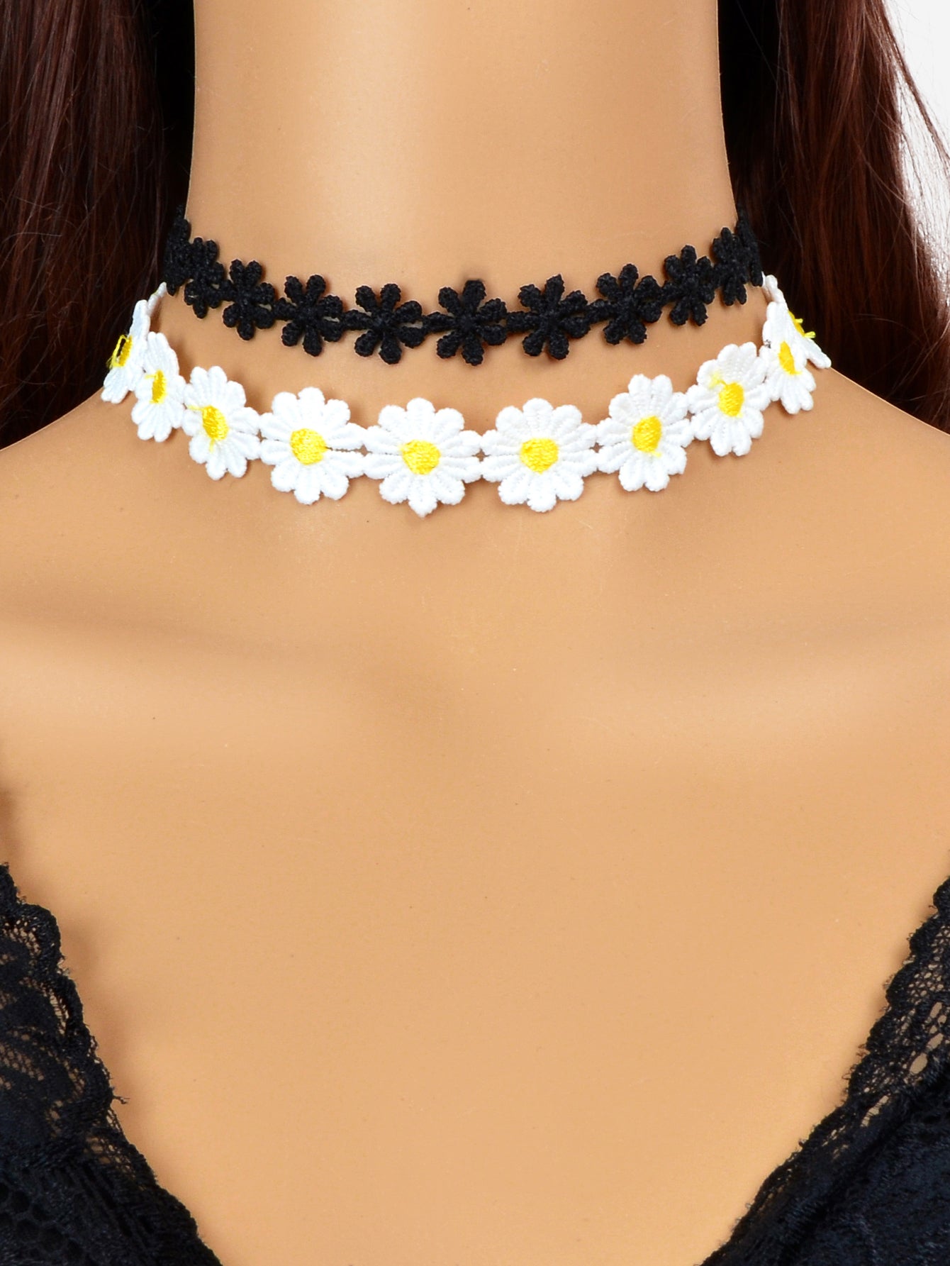 4 pcs Black White Hollow Lace Flower Tattoo Chokers Necklaces set Retro Collars-3