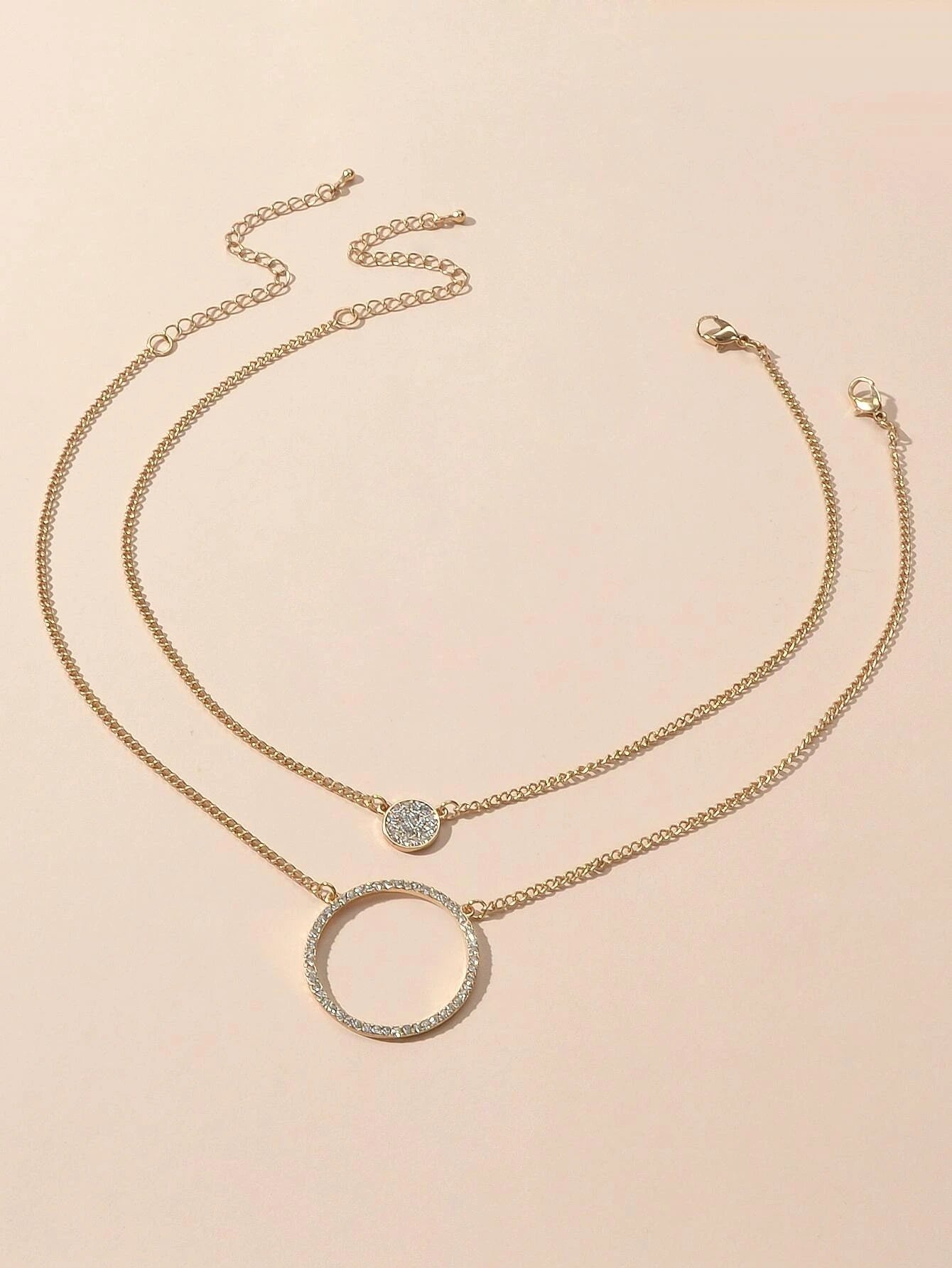 2 pcs Gold Silver Chain Rhinestone Round Circle Pendant Necklace Jewellery Gift-3
