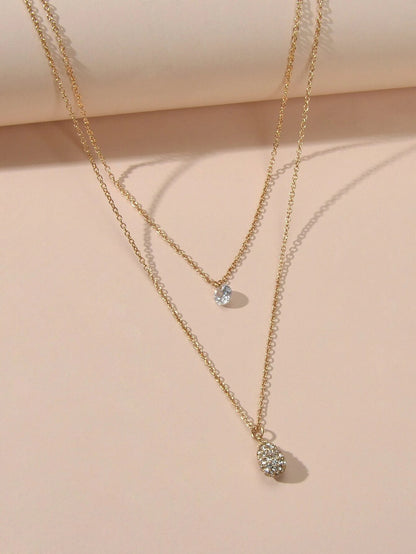 2 pcs Fashion Women Jewellery Rhinestone Decor Gold Chain Water Drop Necklace-3
