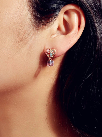 Sweet Textured Shining Crystal Decor Pink Heart Drop Earrings Women Girls Gifts-3