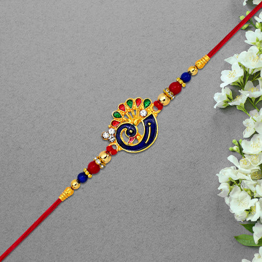 Peacock-themed Designer Rakhi With Colorful Beads  Blue Red  Gold Finish