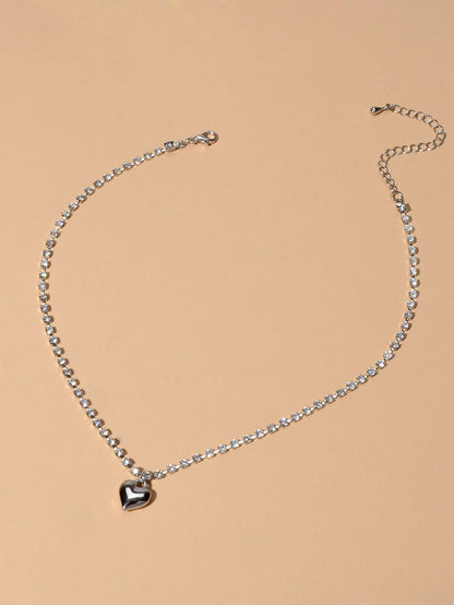 Luxurious Jewellery Full Rhinestone Decor Shining Silver Chain Heart Necklace-4