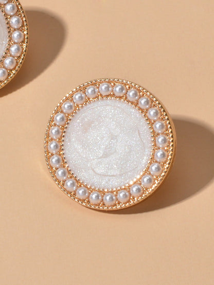 Elegant Pearl Decor Black Enamel Round Stud Earrings Women Dinner Party Jewelry-4