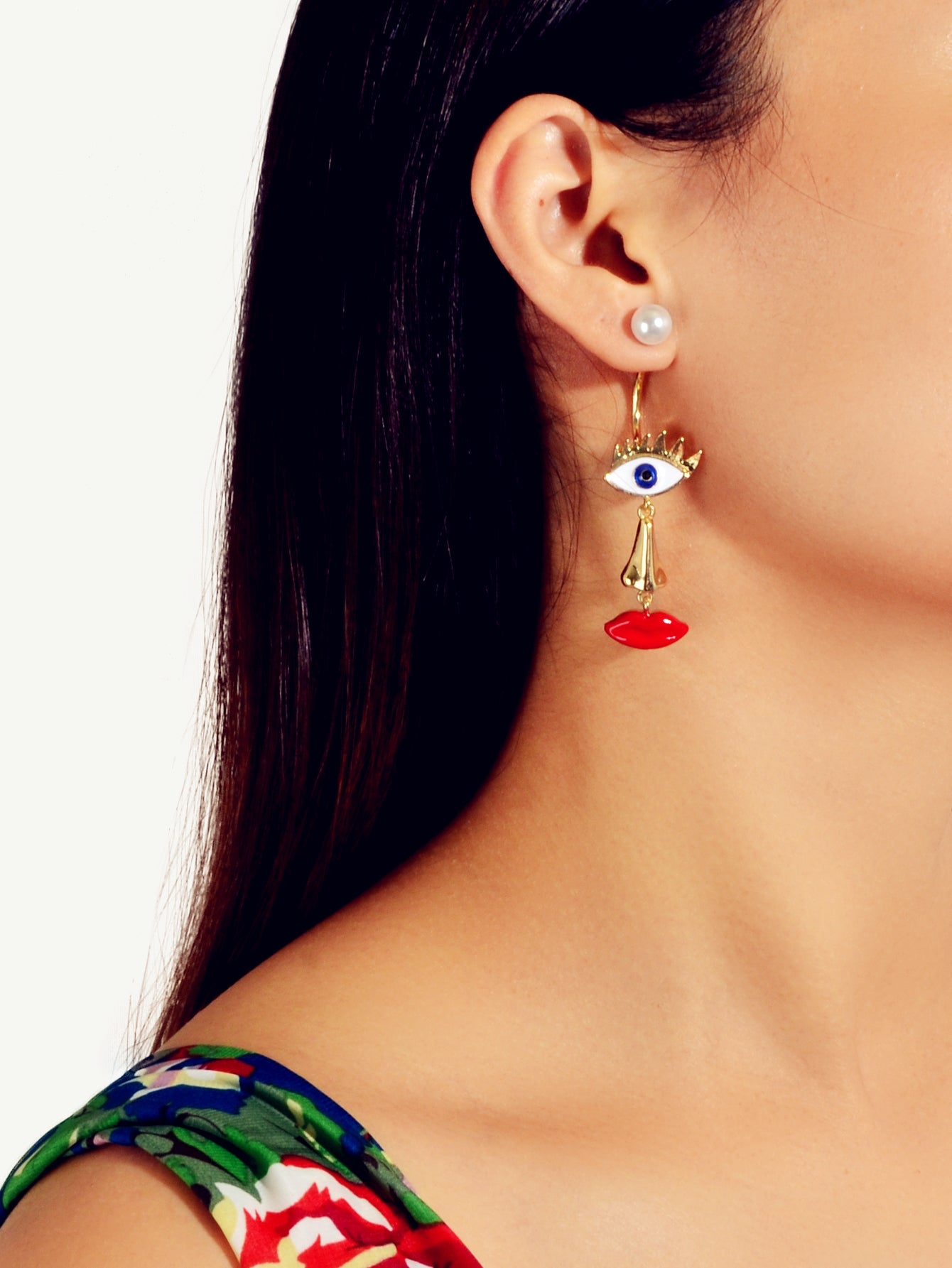Grunge Rock Asymmetrical Eye Nose Red Lips Funny Weird Face Pearl Stud Earrings-4