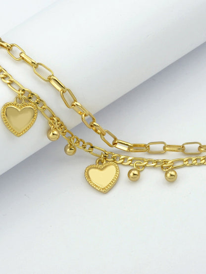 Ladies Jewellery Double layer Gold Silver Paperclip Chain Beads Heart Bracelet-4
