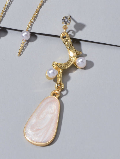 Retro Design Asymmetric Long Gold Chain Pearl Enamel Geometric Dangle Earrings-4