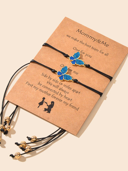 2 pcs Adjustable Black Rope Blue Butterfly Pendant Bracelet Mother's Day Gift-4