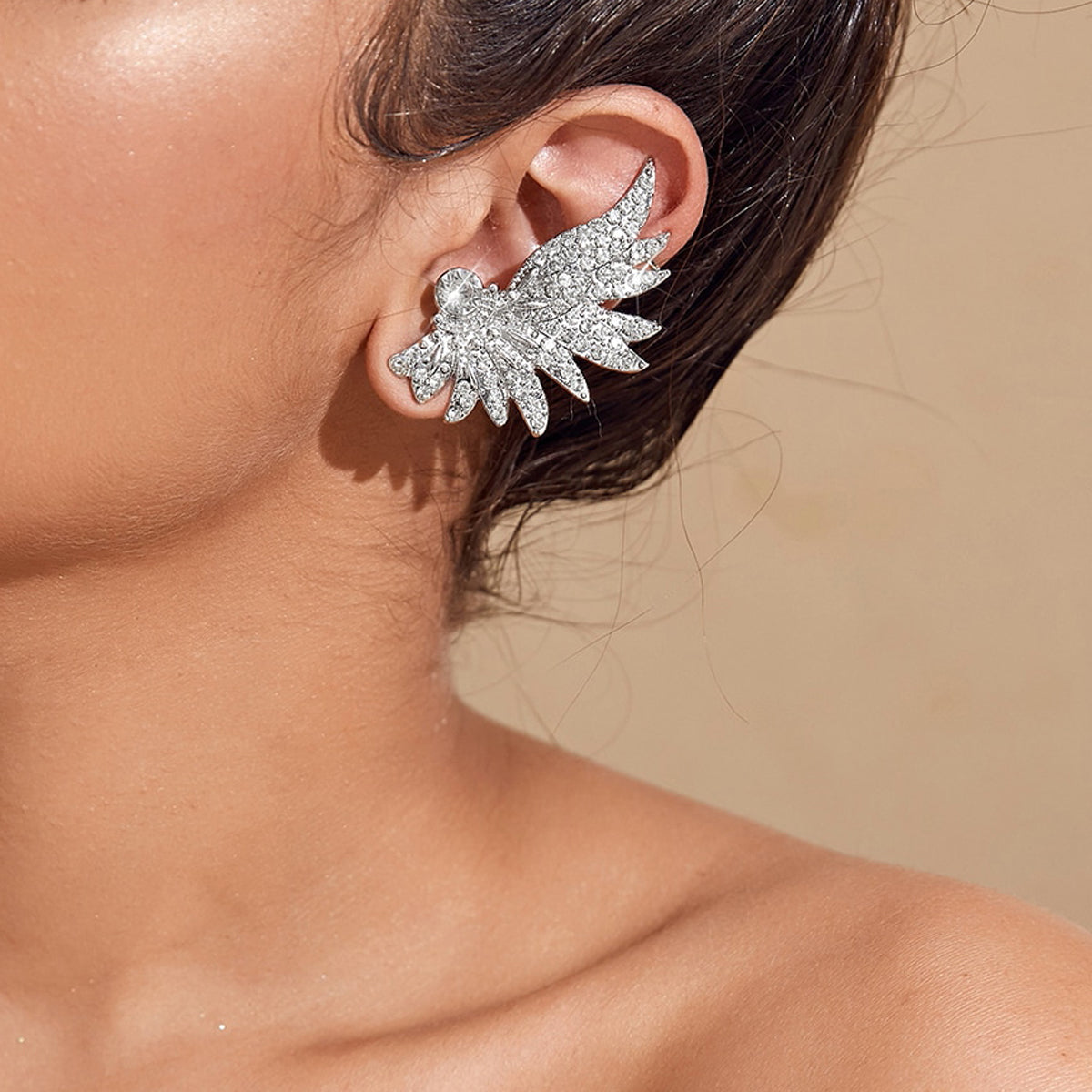 Rhinestone Decoration Silver Wing Stud Cartilage Wrap Clip Earrings Ear Cuff 1pc-4