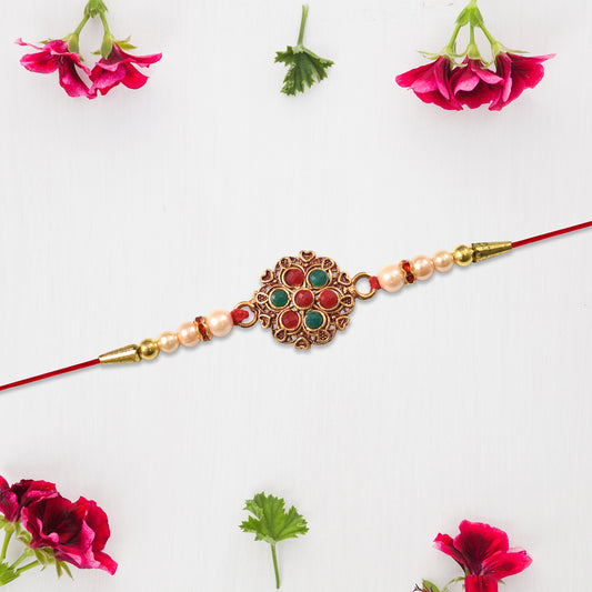 Traditional Designer Rakhi With Beaded Work And Floral Meenakari Centerpiece