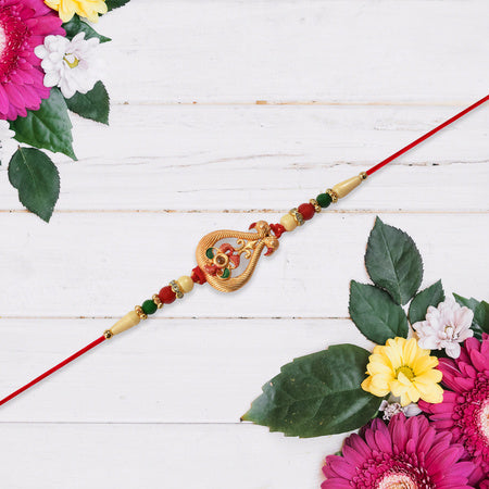 Elegant Leaf Motif Rakhi With Colorful Stones And Beaded Thread  Designer Raksha Bandhan Bracelet For Brother