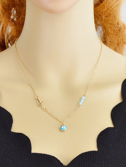 Boho Chic Chain Blue Beads Cross Round Eye Charm Necklace Girls Ethnic Jewellery-1