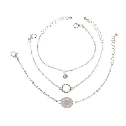 3 pcs/set Fashion Jewellery Silver Chain Rhinestone Circle Charm Bracelet Gift-4