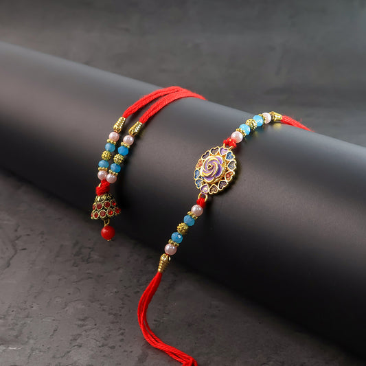 Premium Bhai Bhabhi Rakhi Set With Designer Beads Kundan Work  Enamel Floral Dial