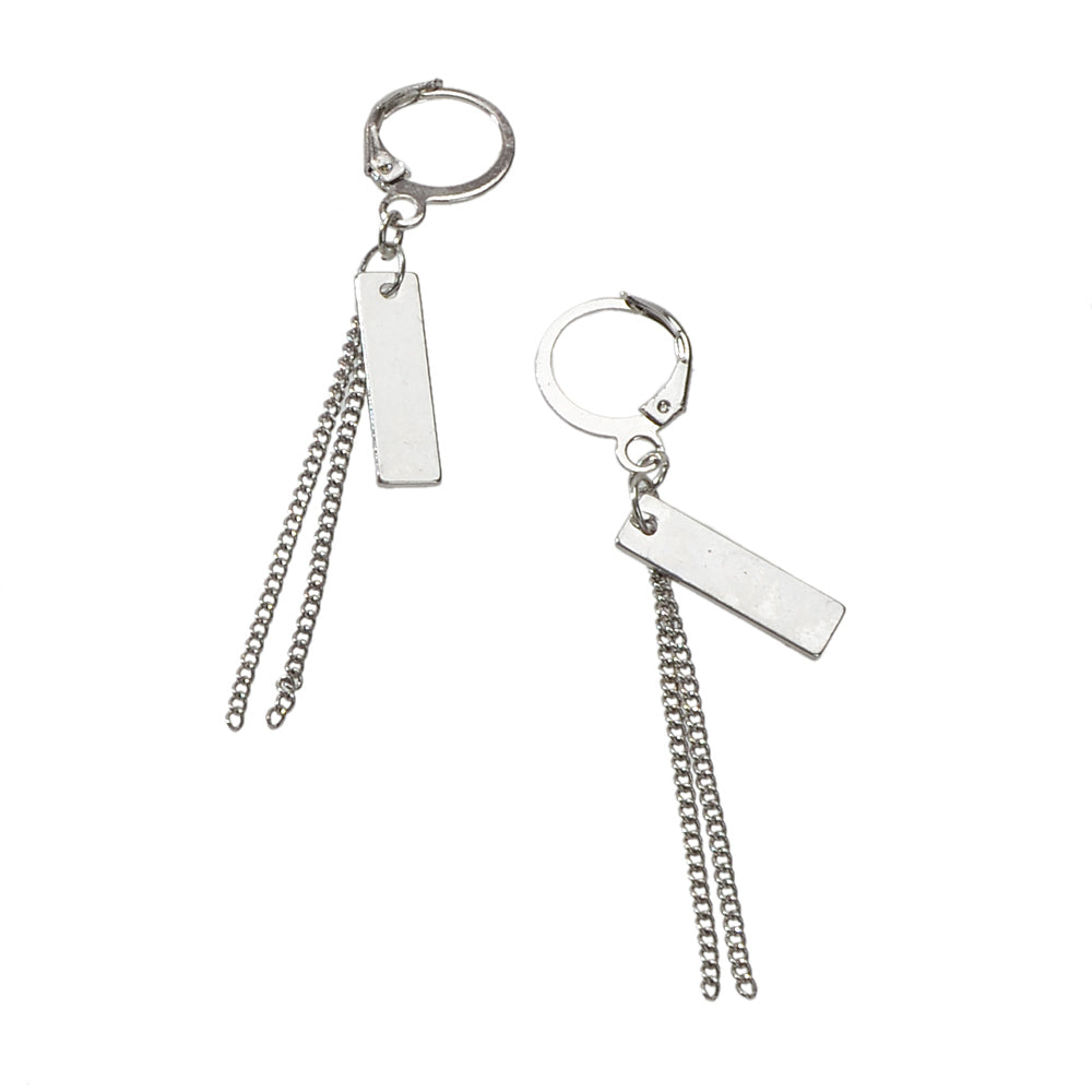 Hip Hop Silver Huggie Tassel Metal Plates Dangle Hoop Earrings Round Earstud-4