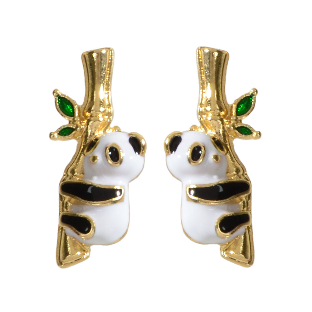 Lovely Gold Bamboo White Black Enamel Panda Stud Earrings Dainty Women Girl Gift-3