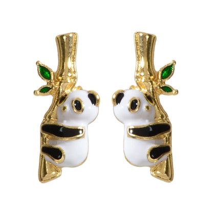 Lovely Gold Bamboo White Black Enamel Panda Stud Earrings Dainty Women Girl Gift-3