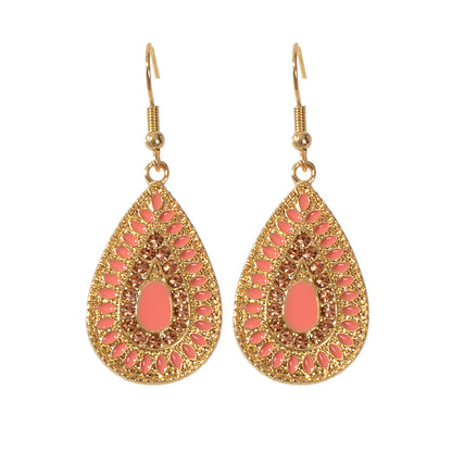 Rhinestone Pink Enamel Water Drop Earrings Teardrop Crystal Dangle Hook Ear Stud-3