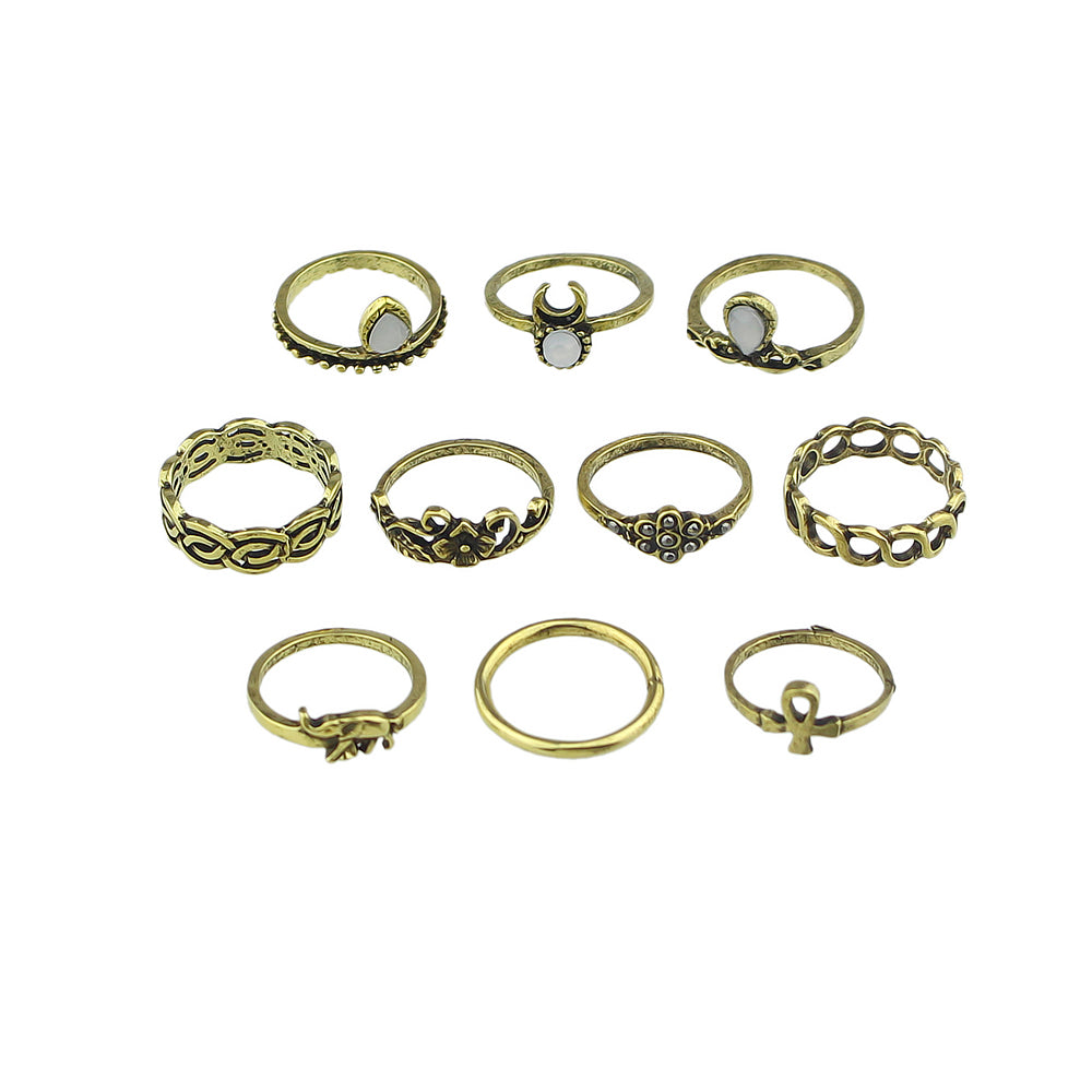 Stackable 10 pcs Tribal Ethnic Flower Elephant Vintage Multiple Finger Ring set-4