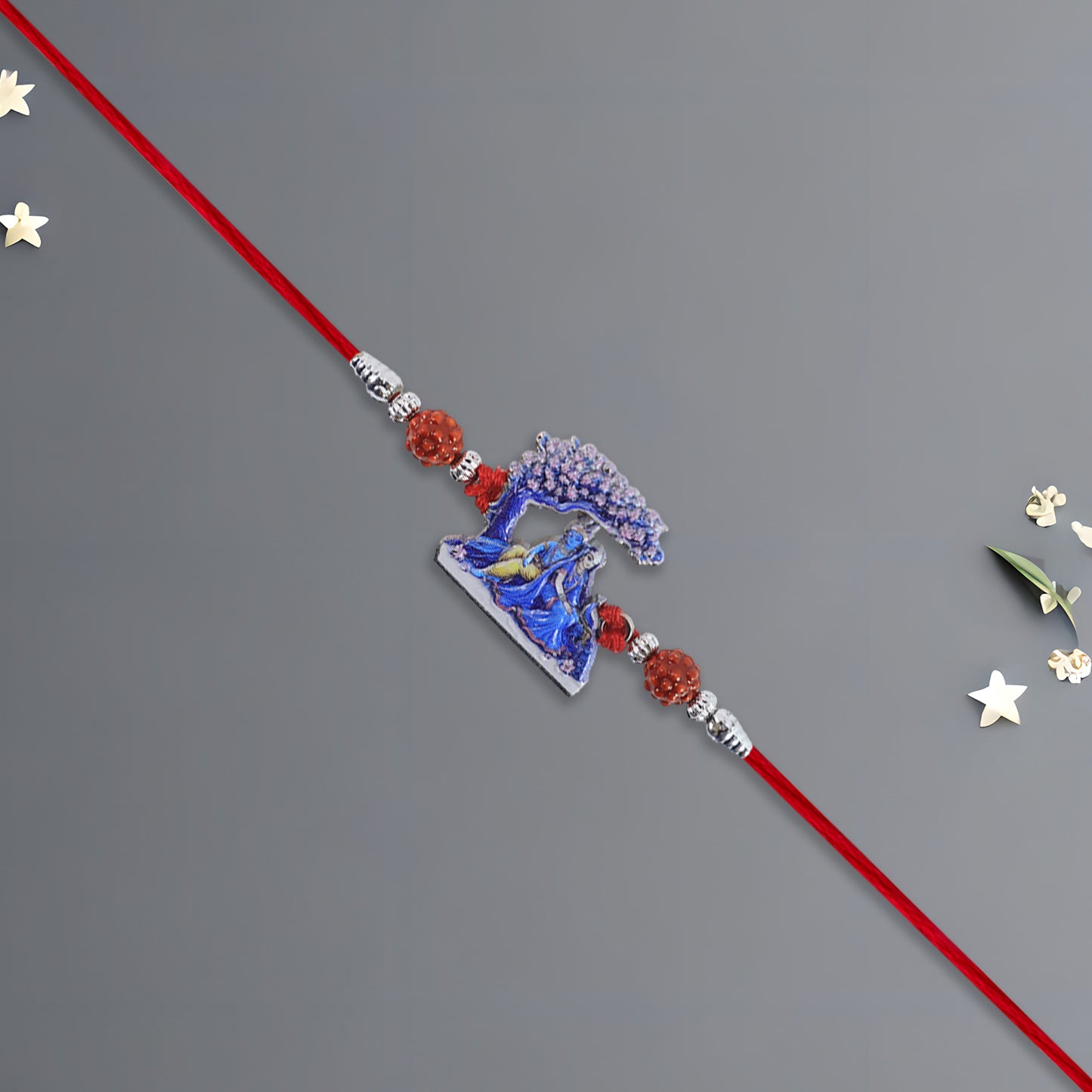 Radha Krishna Rakhi Under Tree Design With Rudraksha  Red Mauli Thread