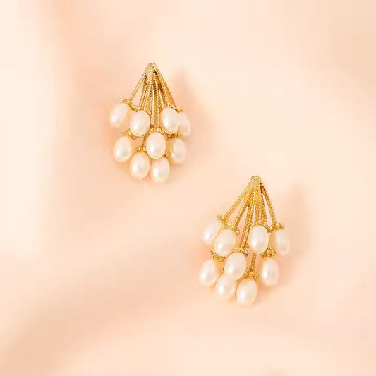 Elegant Gold & Pearl Cluster Earrings-0