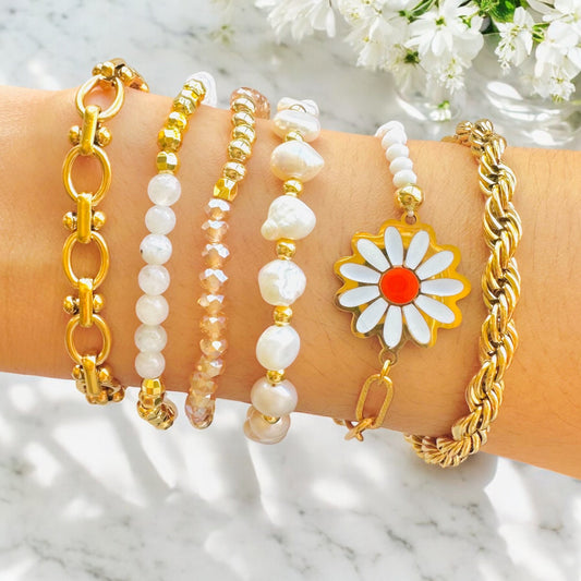 Pearls Moonstone Gold Layering Bracelets Waterproof, 18K Gold Plated-0
