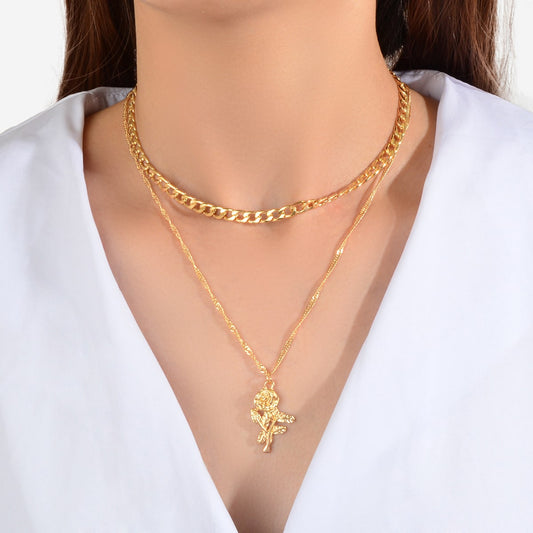 Female Jewelry Double layer Gold Chain Flower Pendant Necklace Women Accessories-0