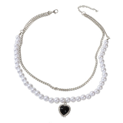 Textured Double layer Silver Pearl Chain Black Heart Necklace Retro Jewellery-3