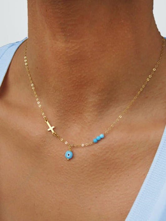 Boho Chic Chain Blue Beads Cross Round Eye Charm Necklace Girls Ethnic Jewellery-0