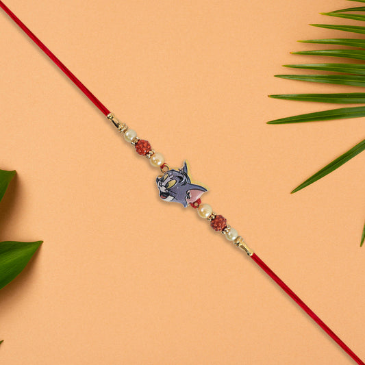 Cute Tom Character Rakhi With Rudraksha  Pearl Beads On Red Thread