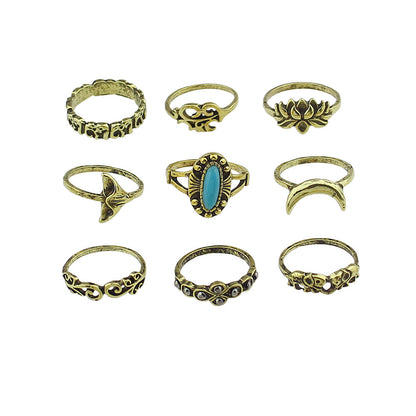 Stackable 9pcs Tribal Ethnic Lotus Elephant Moon Flower Multiple Bulk Rings set-2