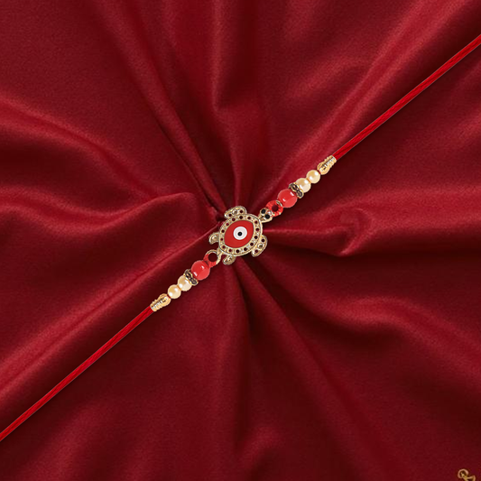 Golden Turtle Design Rakhi With Red Beads  Traditional Mauli Thread