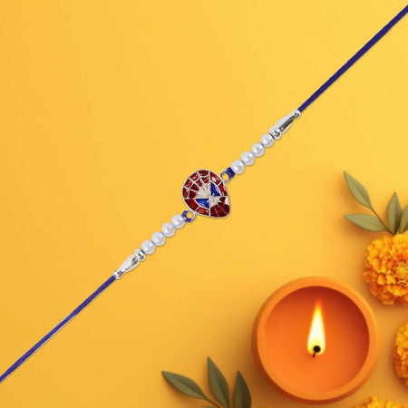 Stylish Heart Shield Rakhi With Pearl Beads And Blue Thread  Designer Raksha Bandhan Rakhi For Brother