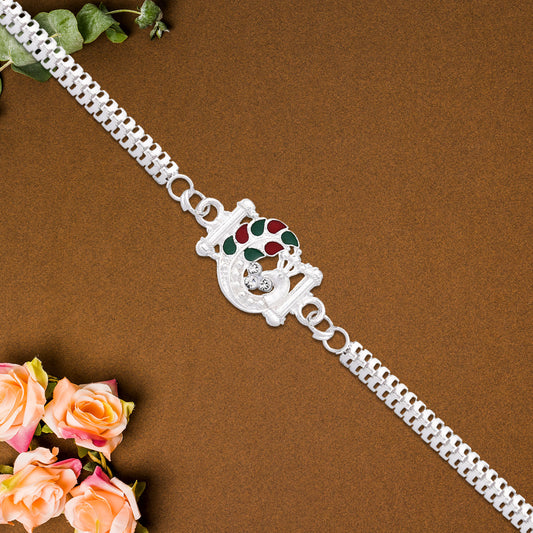 Silver Finish  Rakhi With Red-green Enamel