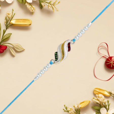 Elegant Leaf Design Rakhi With Pearl Beads And Blue Thread  Colorful Raksha Bandhan Rakhi For Brother
