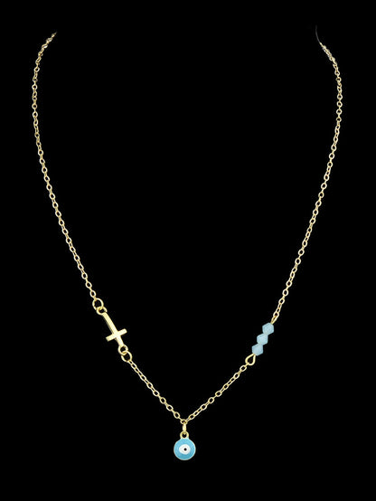 Boho Chic Chain Blue Beads Cross Round Eye Charm Necklace Girls Ethnic Jewellery-2