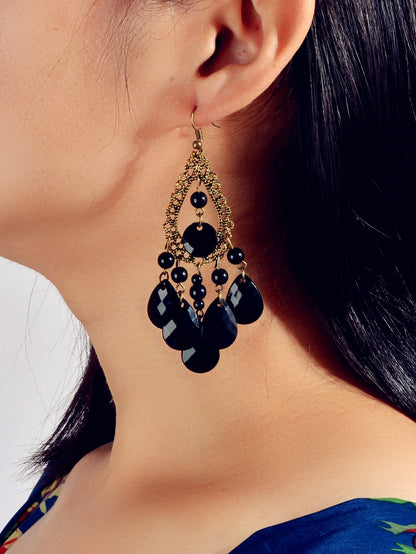 Bohemian Retro Jewellery Black Water Drop Beads Antique Gold Chandelier Earrings-4