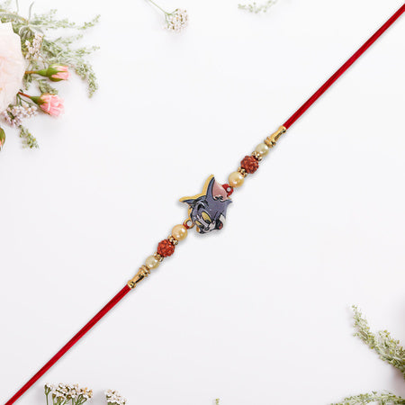 Cute Tom Character Rakhi With Rudraksha  Pearl Beads On Red Thread