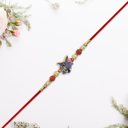 Cute Tom Character Rakhi With Rudraksha  Pearl Beads On Red Thread