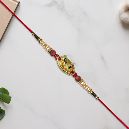 Designer Rakhi With Leaf Motif Rudraksha  Pearls