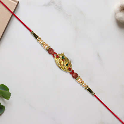 Designer Rakhi With Leaf Motif Rudraksha  Pearls