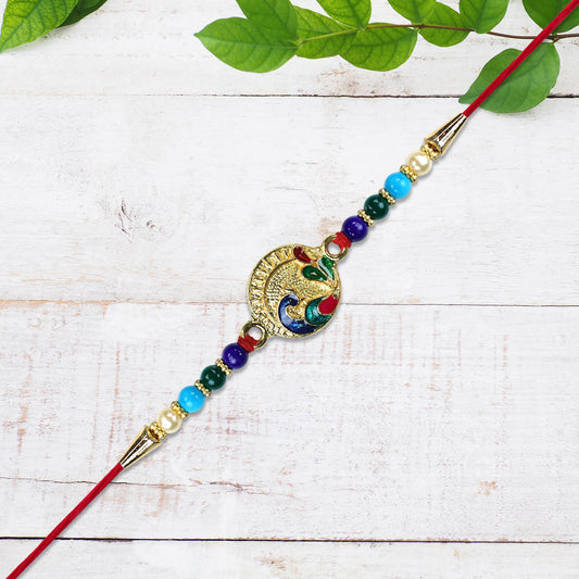 Circular Rakhi With Multicolor Beads And Gold Finish